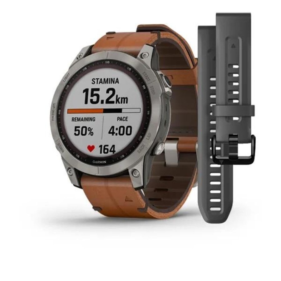 Orologi GARMIN | Orologio Garmin Fenix 7 – Sapphire Solar Edition Titanium Con Cinturino In Pelle Chestnut Ref. 010-02540-31